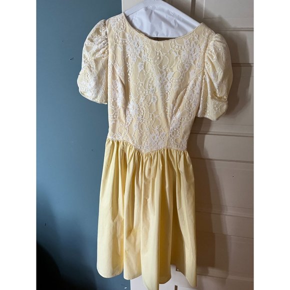 60s-70s Vintage Formal Yellow Beaded Bodice Midi Dress with Bow - Picture 1 of 12